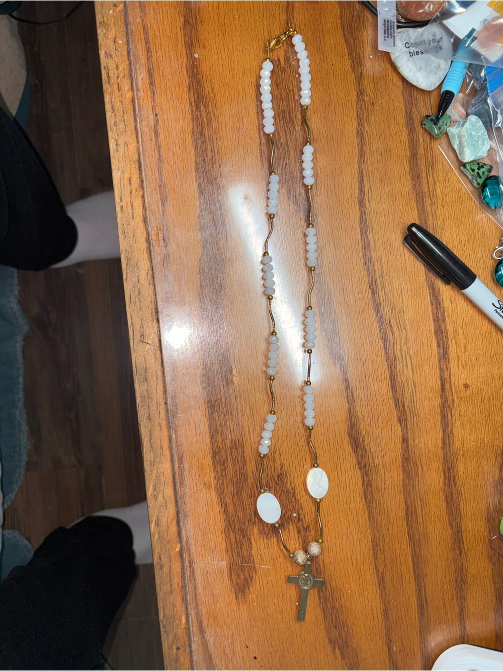 White Bead Rosary Necklace with Cross Pendant 14 Inches
